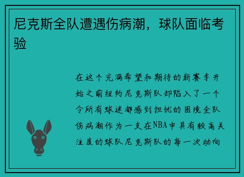 尼克斯全队遭遇伤病潮，球队面临考验